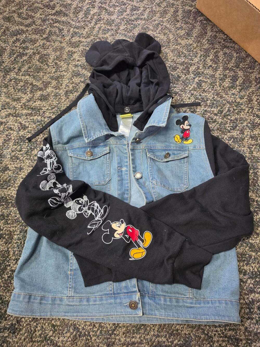Disney's Mickey Denim Hoodie Jacket 90th Anniversary Juniors' 3-D Ears Small